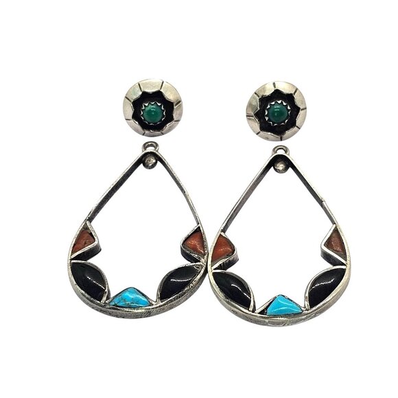 Zuni-Style Sterling Silver Multi-Stone Inlay Convertible Teardrop Earrings - Picture 1 of 16